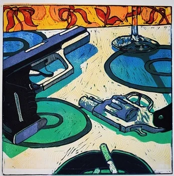  It Was an American Party, linoleum cut with monotype 12x12"