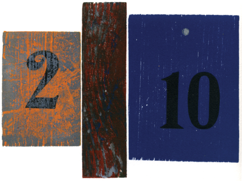 Amparo Carvajal-Hufschmid, Hobo Sign 2/10, There are Thieves About, five-block wood relief with stamping, 8 x 6"