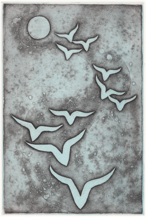Nancy Wightman, A Journey, etching, relief roll, 10 x 7"