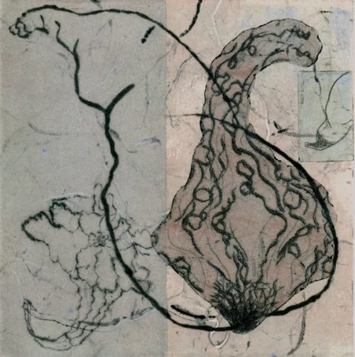 Lois Masor Beatty, Intersecting, monoprint, drypoint, multiple plates, surface rolls, 6x6"