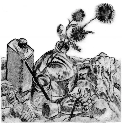 Penelope Bennett, Still LIfe With Scroll, drypoint, 8x8"