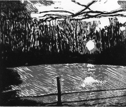 Daniel Gottsegen, Winter Wanderung, reduction block print, 5x6"