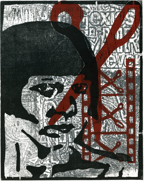 Jenevieve Alyssa Johnson, She Cut Her Hair For Freedom, paperplate litho, chine collé, woodcut, 10x8"