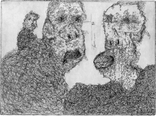 Josh Melrod, Tres Hombres, hard ground etching, 7x9.5"