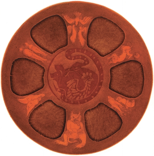 Nancy Wightman, The Tibetan Wheel of Becoming, etching, woodcut, 8" round