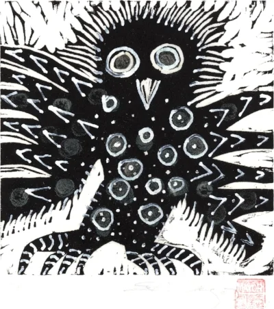 woodcut, mixed media