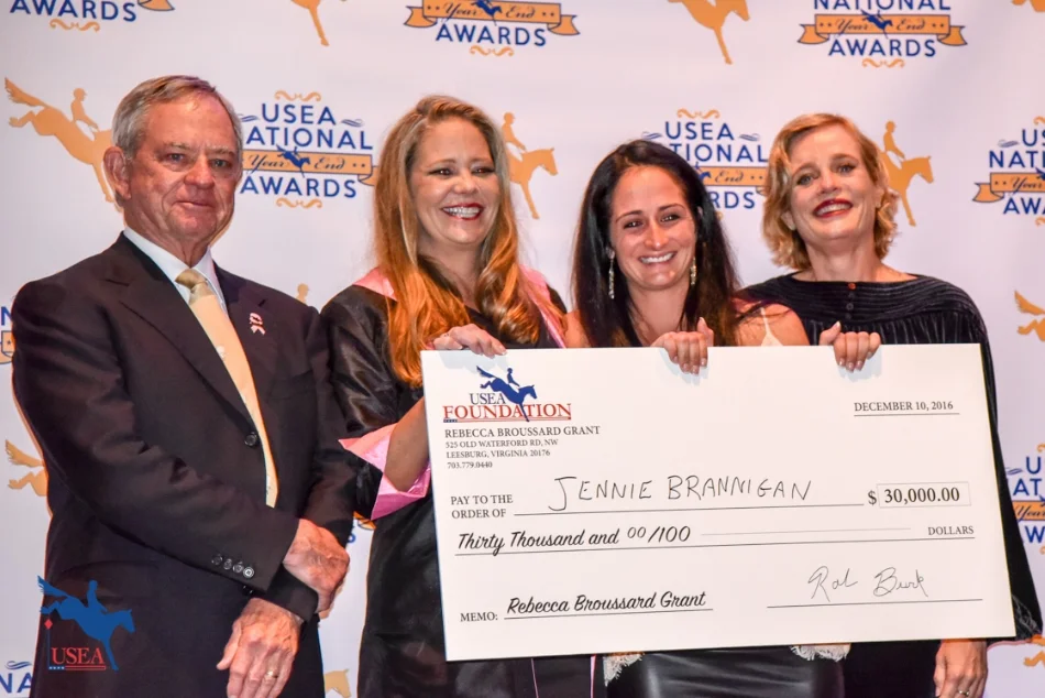 Jennie Brannigan was overjoyed to receive the Rebecca Broussard International Developing Rider's Grant and a check for $30,000 from the Broussard family at the USEA Annual Meeting and Convention this weekend. The grant is in memory of Jerome's Broussard's late wife Rebecca who had a long-held dream to help talented riders achieve their goal of one day representing the USA on an international Team. L-R: Jerome Broussard, Sarah Broussard, Jennie Brannigan and Rebecca Broussard.
