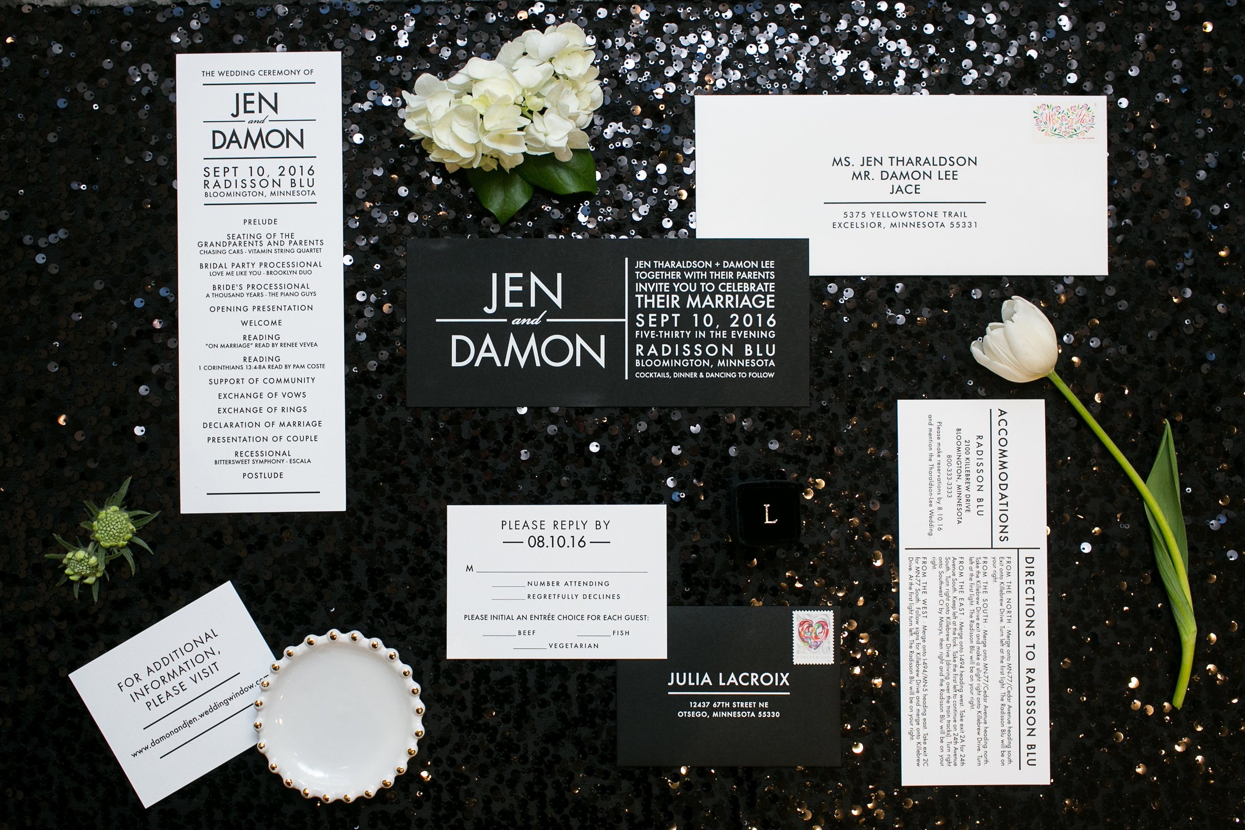 Jen + Damon - White on Black Modern Invitation