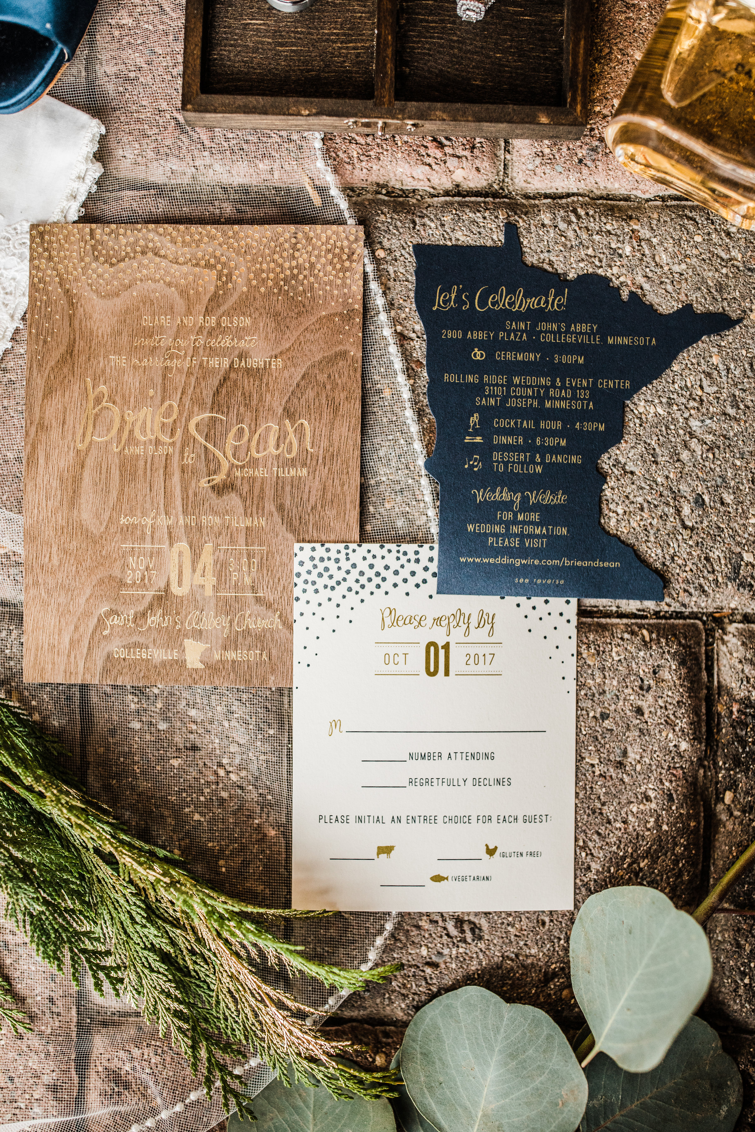 Gold Foil on Wood Wedding Invitation