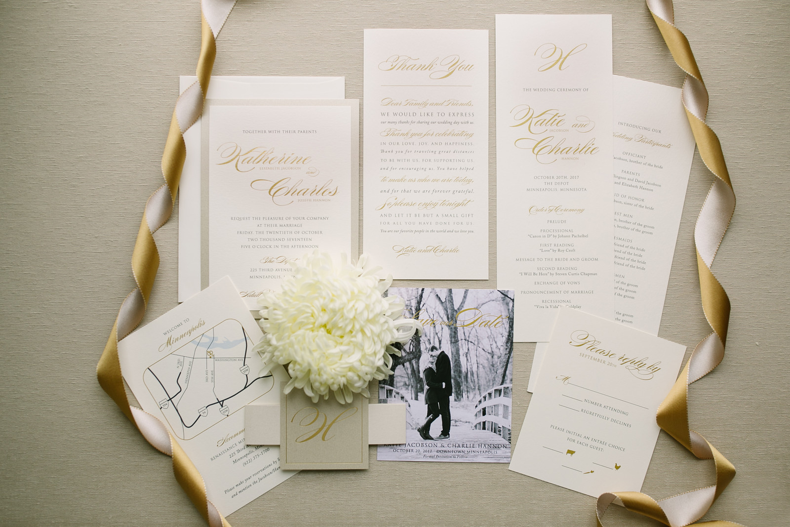 Simple Ivory and Gold Script Invitations