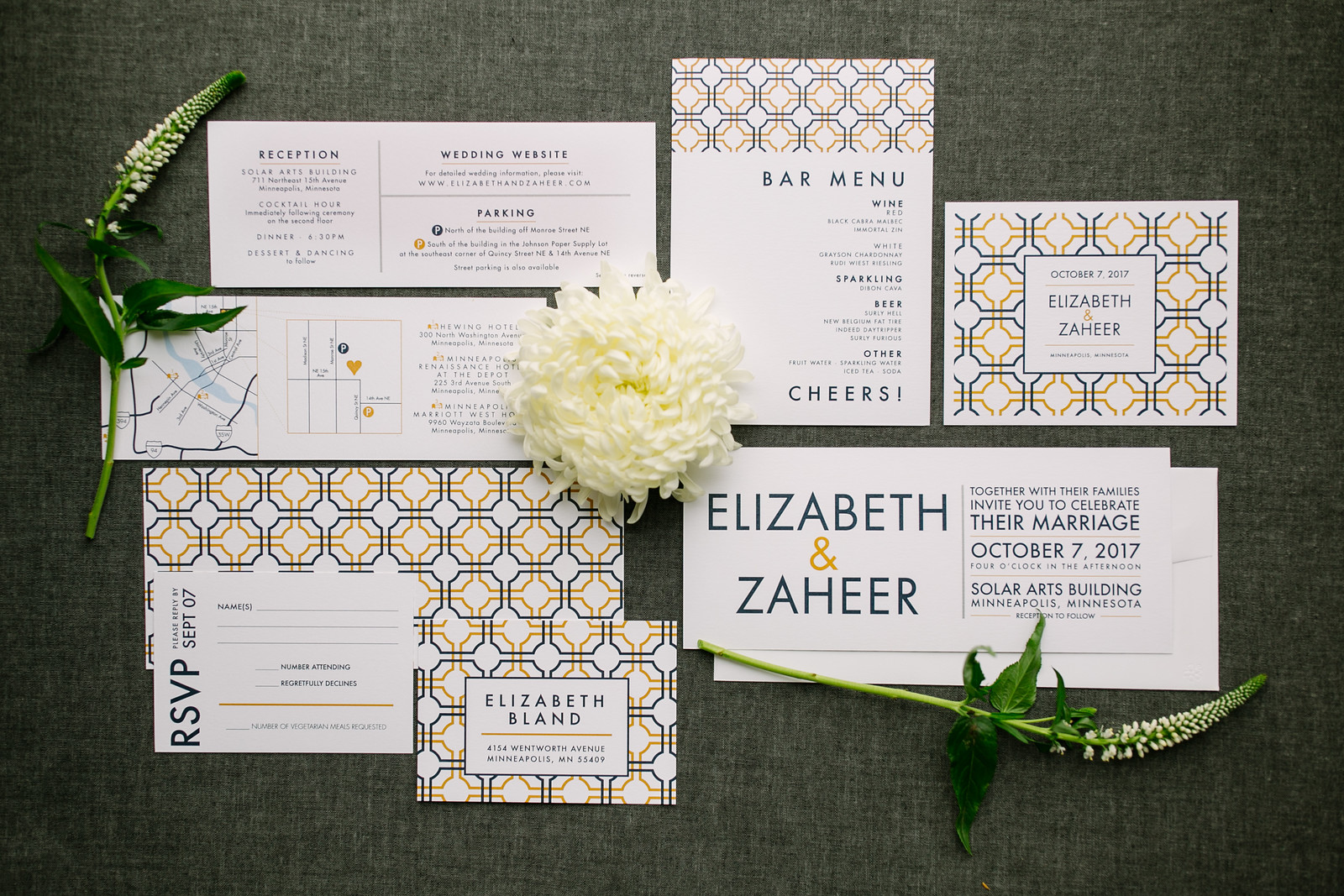 Bold and Modern Yellow, Navy and Ivory Invitation Suite