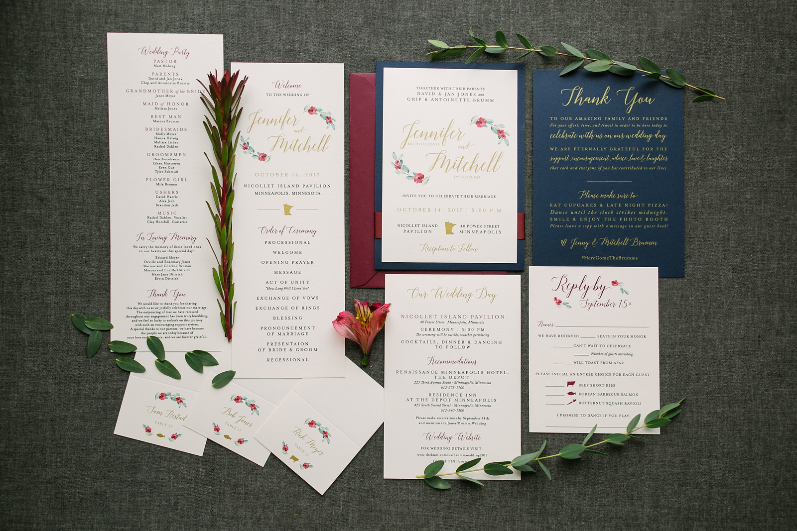 Navy, Burgundy, and Gold Floral Invitation Suite