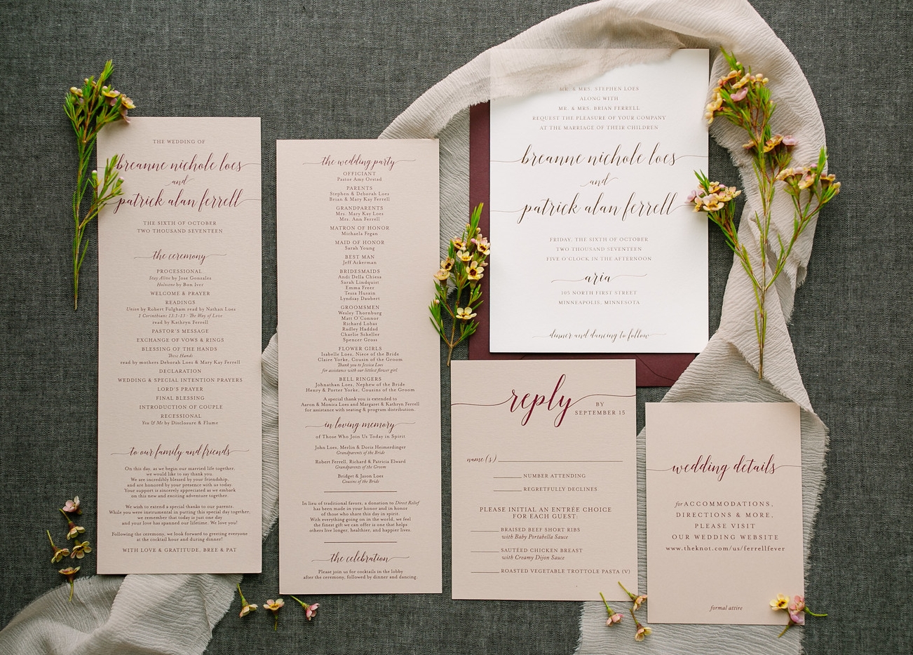 Burgundy and Ivory Invitations with a Twist! The edges of these beautiful invitations were also dyed burgundy. A little touch that is only visible from the sides but makes a big impact