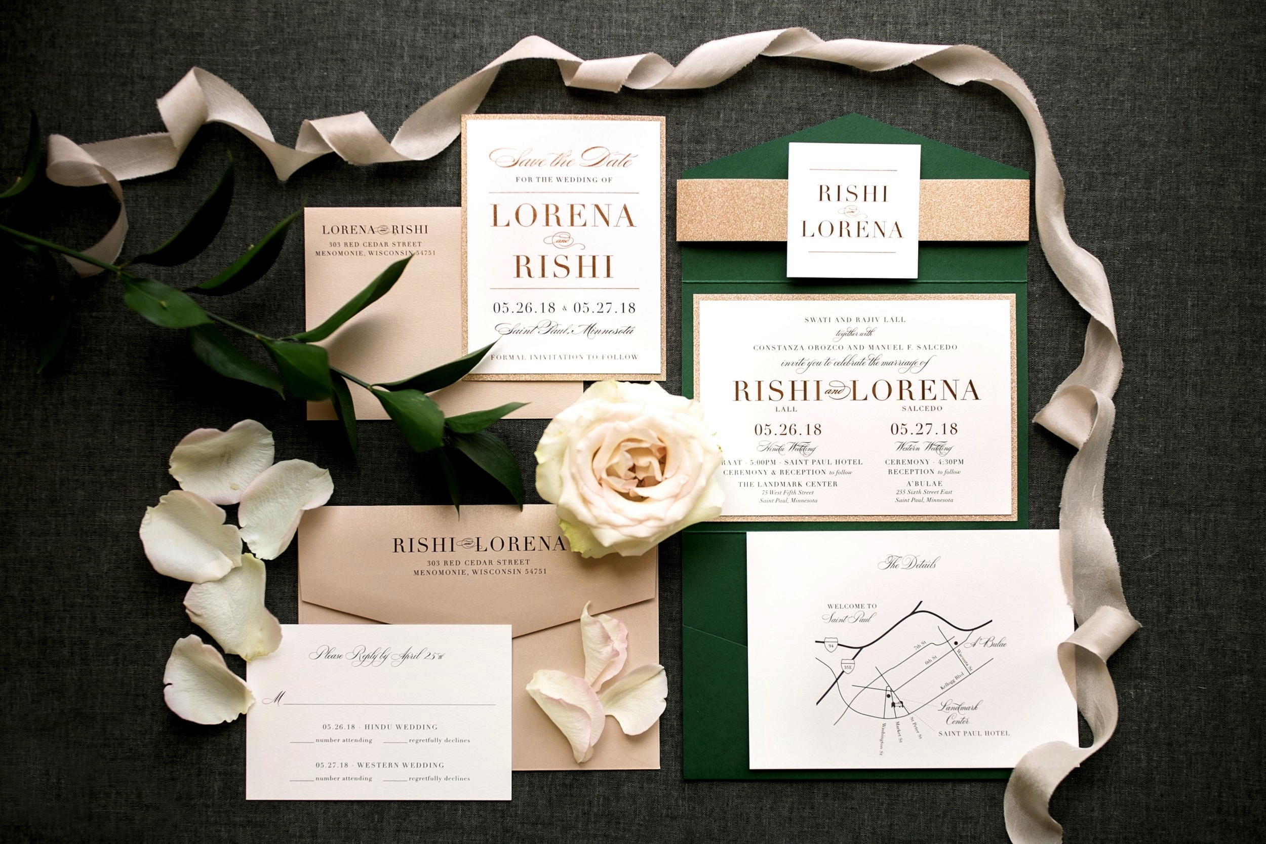 Emerald Green and Blush Wedding Invitations