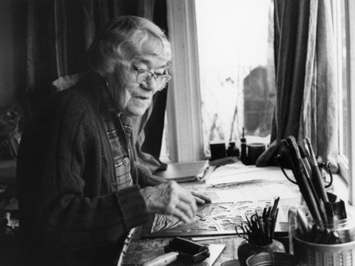 Sybil Andrews in her Willow Point Studio in 1983.