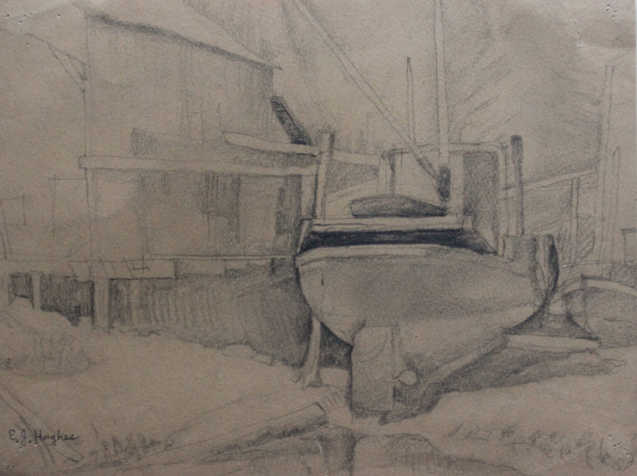 E.J Hughes, Sketch of Ship in Dry Dock