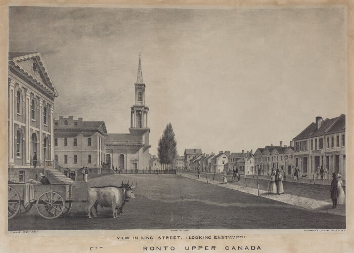  King St East (looking east from Toronto St) – approx. 1835. Via Toronto Public Library Archives 