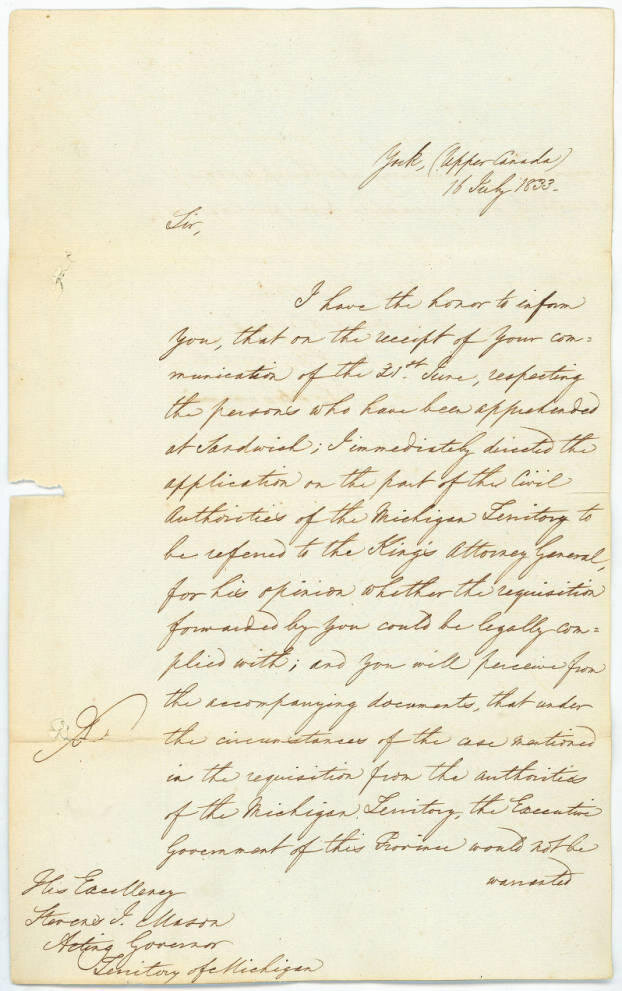  Letter to the Michigan Governor re: requisition of Thornton Blackburn, via Michigan History Archive 