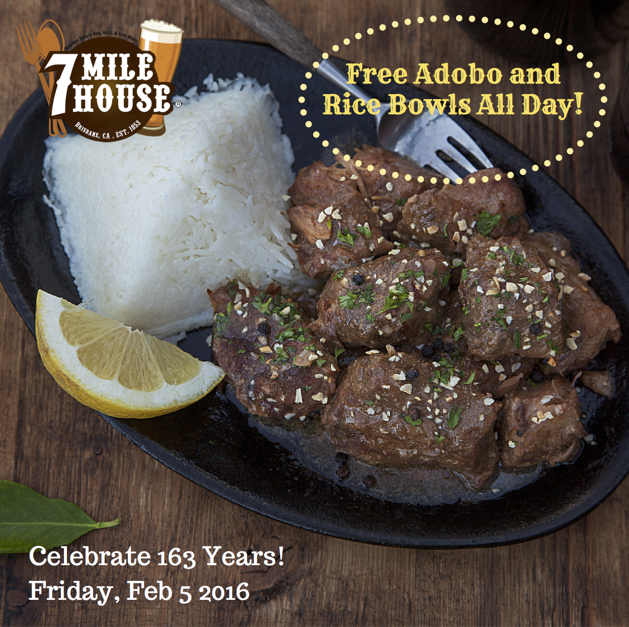 HISTORIC SPORTS BAR 7 MILE HOUSE CELEBRATES 163 YEARS AND SUPER BOWL 50 WITH FILIPINO FOOD!