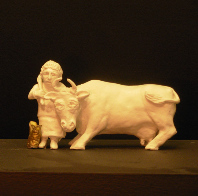 The Cow and her Man, porcelain and gold leaf