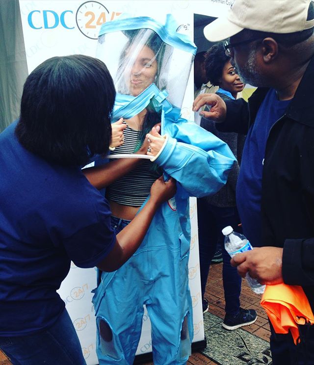 It took an army to help one of our producers @taryn_am into this #hazmatsuit #teamwork #atlscifest #science #cdc