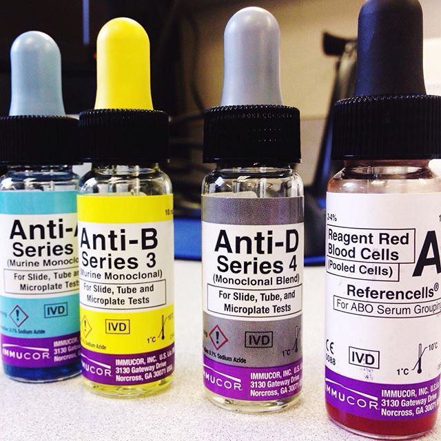 [1/3] These are the reagents to get blood typed the old fashioned way. The left two determine if you are A, B, AB or O. The one in the middle determines if you are + or - for something called Rh D. The one on the right contains target cells to make s