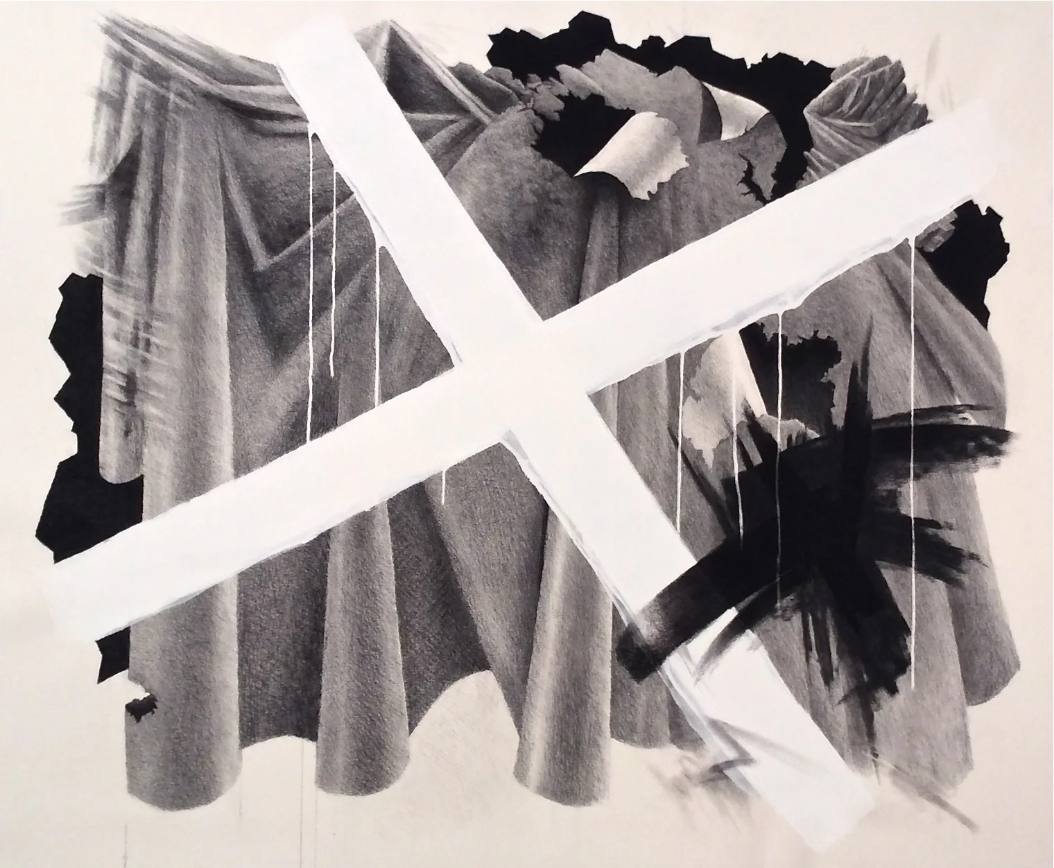 Fracking - Mediated Pit Liner (2015) charcoal, graphite, acrylic 44" H x 54" W