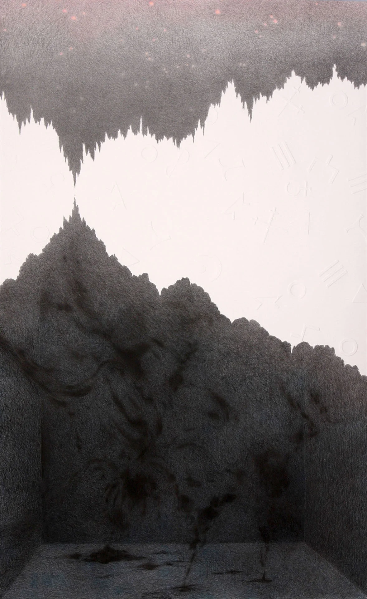 Final Moment (2008) in memoriam for J. W. and T. Q. charcoal, embossing, pastel 69" H x 42 1/2" W