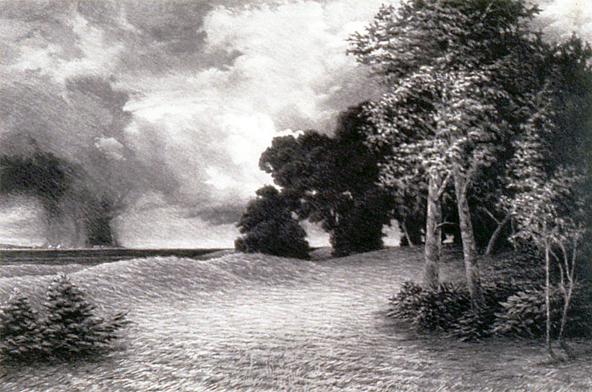 Landscape after Moran's Autumn near Peconic Bay (1972) charcoal 22" H x 30" W