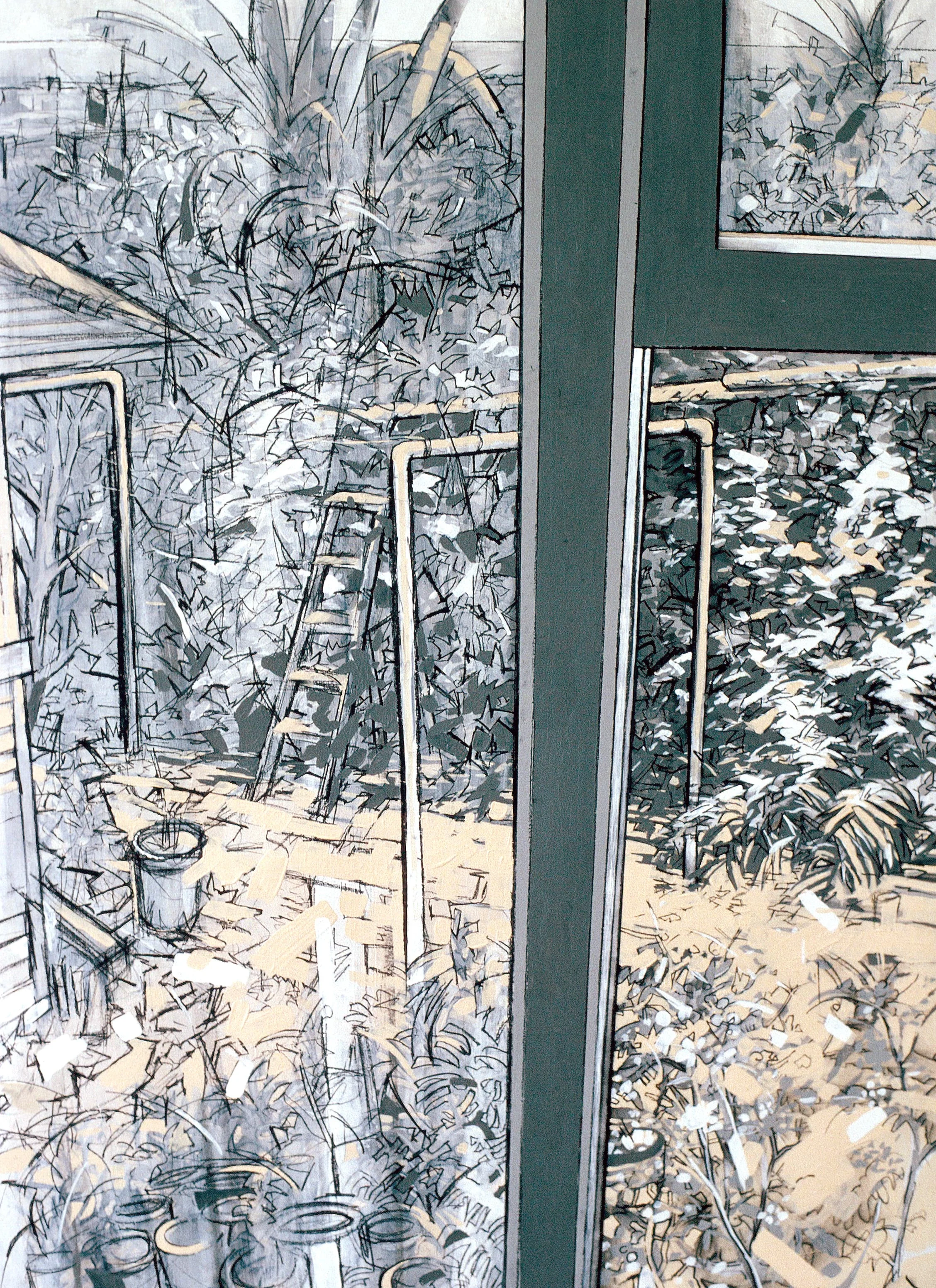 Framed Garden (1992) conte', acrylic 30" H x 24" W