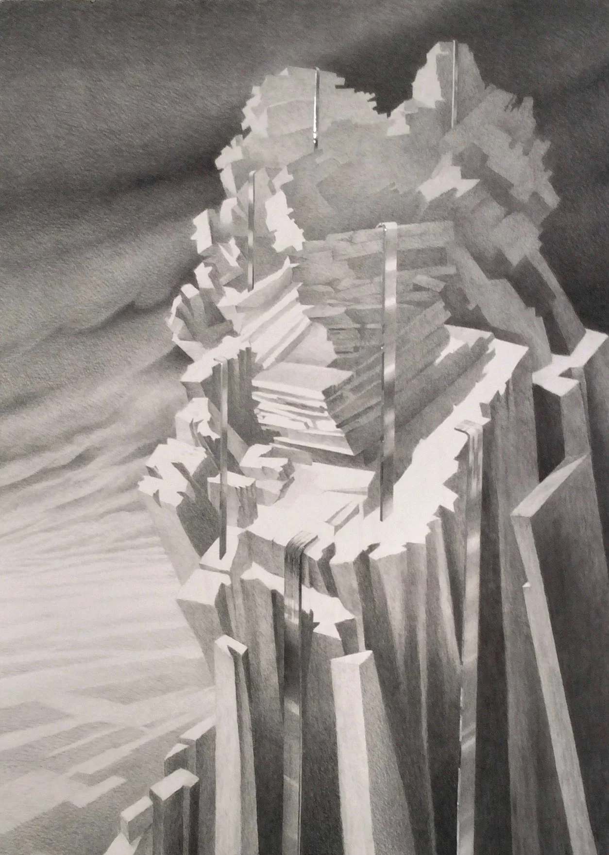 Fracking - Pinnacle Rock with Earth Cleats, Hamburg, PA, circa 2068 (2016) charcoal, mylar on paper 61" H x 44" W