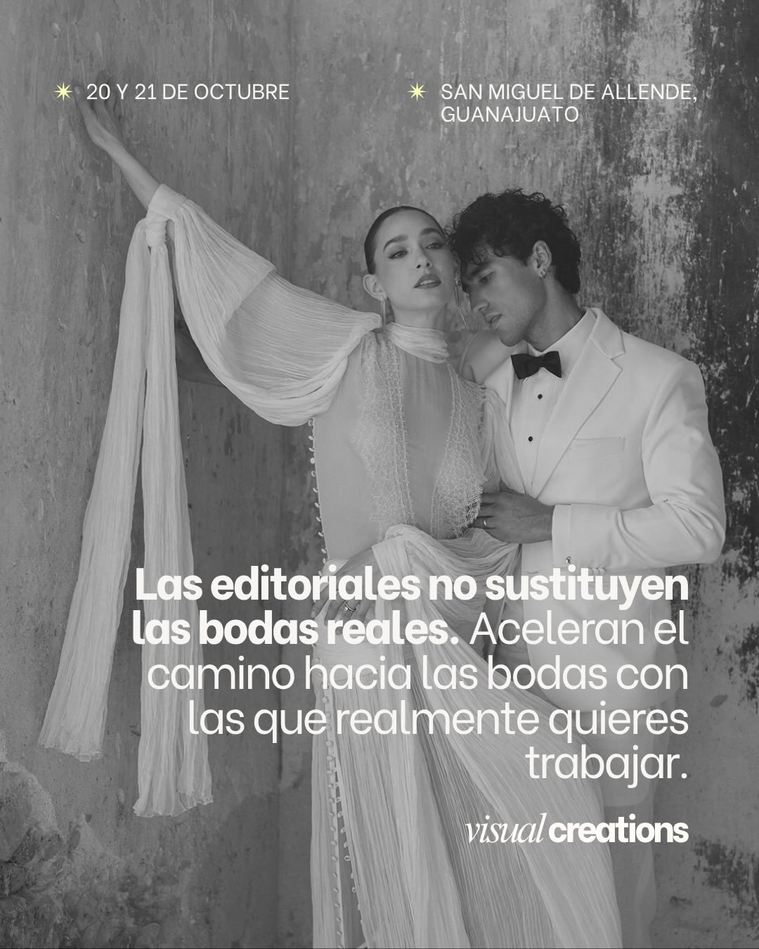 Para atraer las bodas con las que sue&ntilde;as trabajar, primero tienes que crear el portafolio que las atraiga. 📷

Por eso existe Visual Creations: producciones de alto nivel para fot&oacute;grafos, vide&oacute;grafos y content creators que quiere