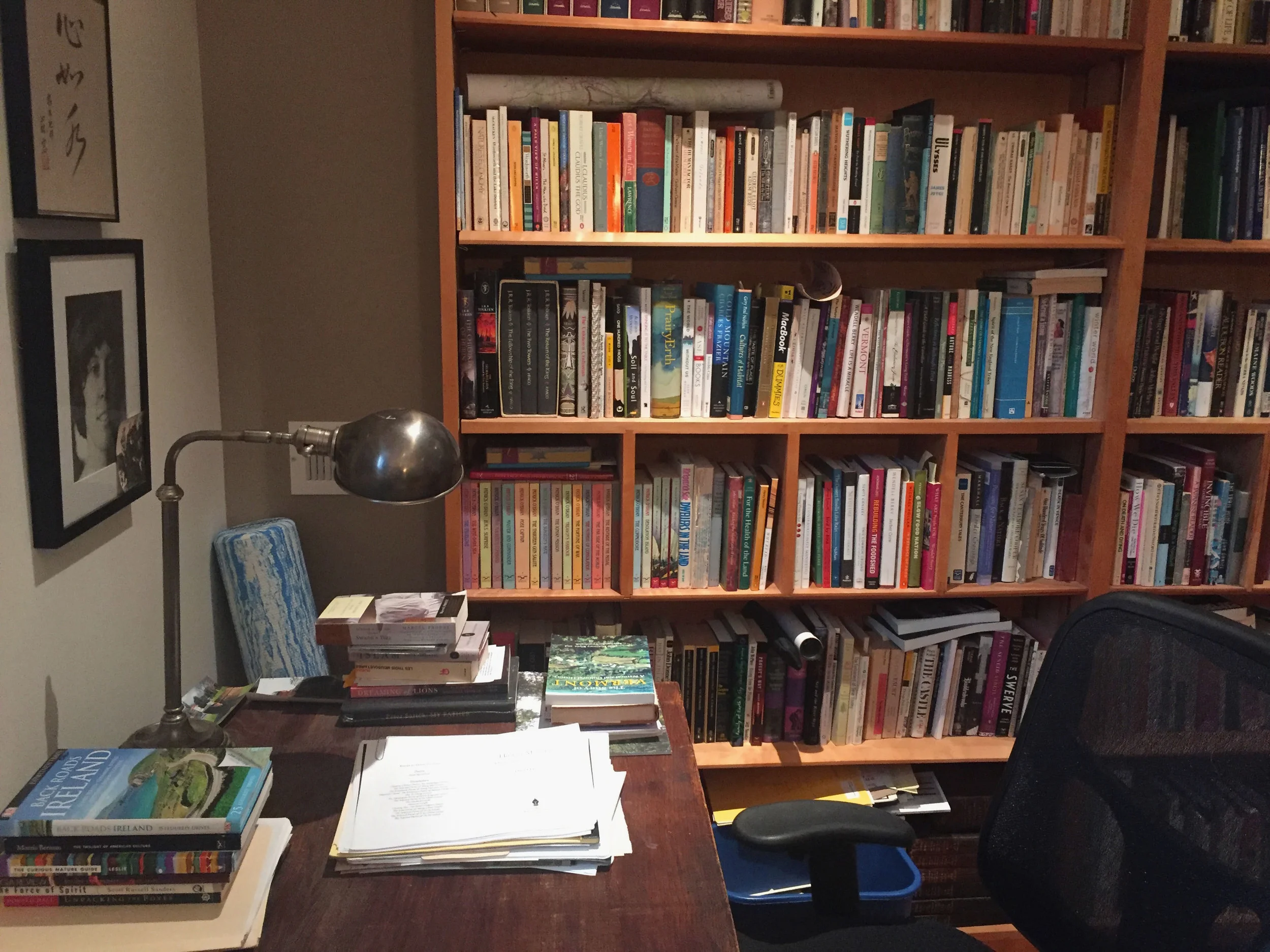 A book of Ireland, the desk, and a colorful wall of nonfiction.