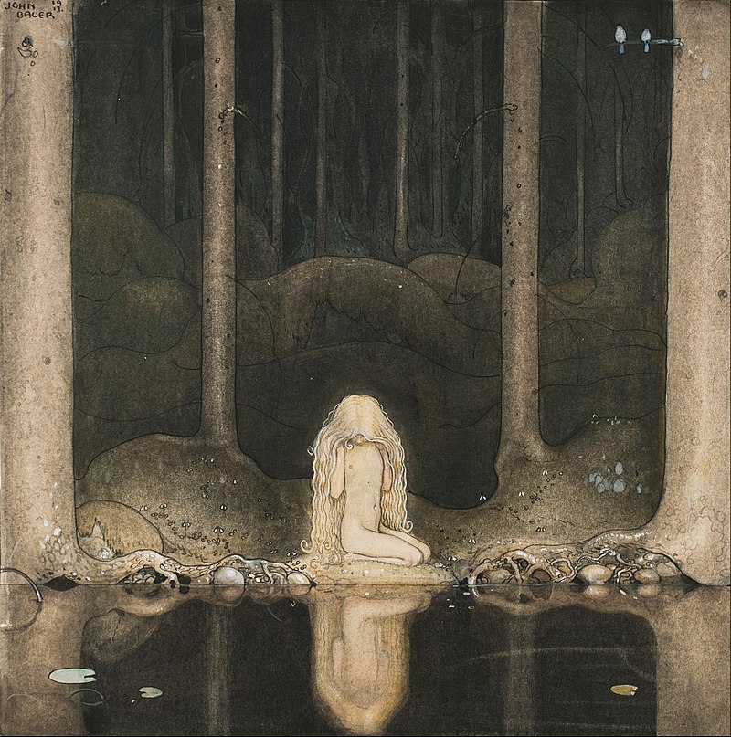 Ännu sitter Tuvstarr kvar och ser ner i vattnet (Still, Tuvstarr sits and gazes down into the water) | John Bauer, 1913 Image courtesy of Wikimedia Commons