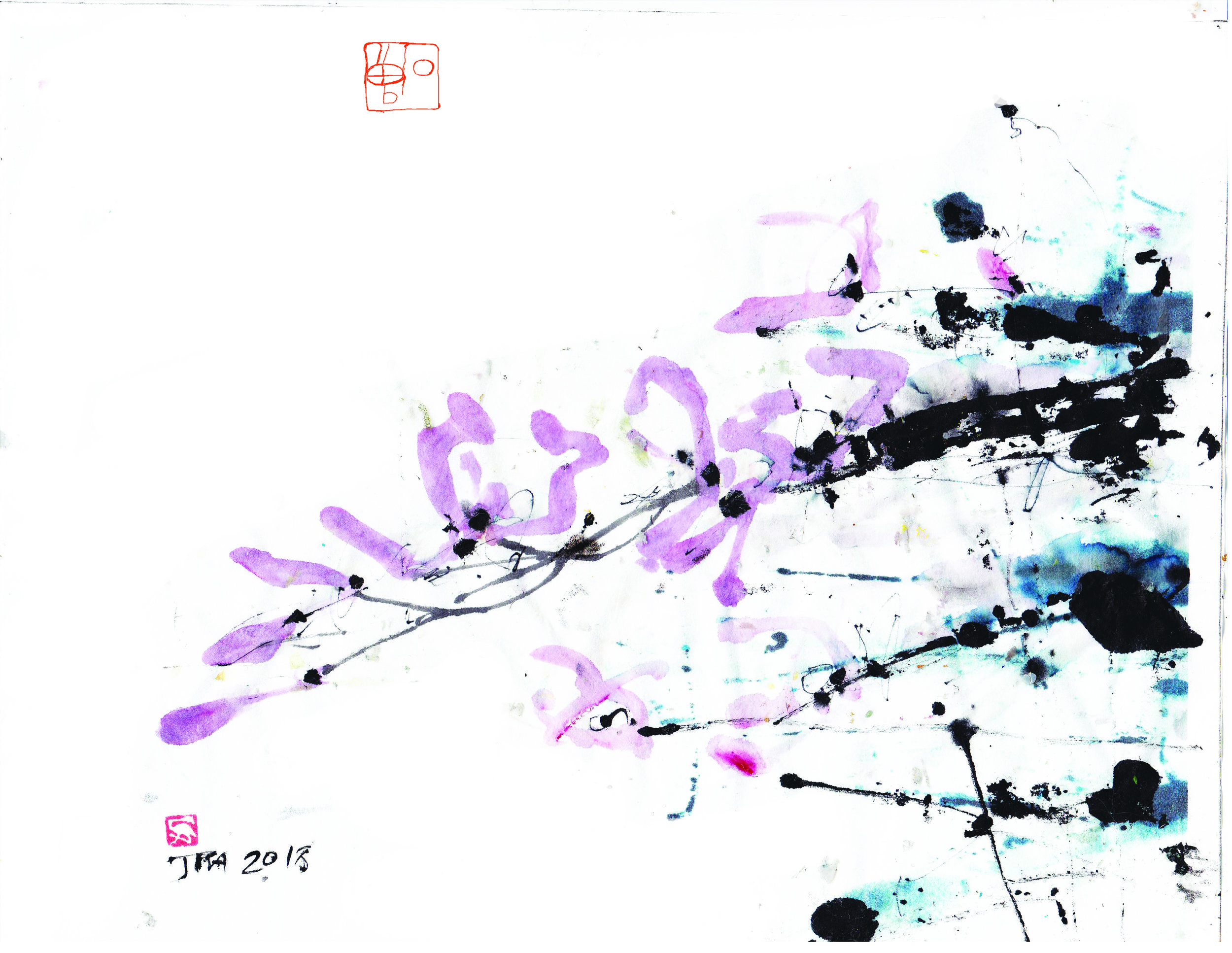 Orchid and ink blots , 11 x 8.5 in., ink and watercolor on rice paper.
