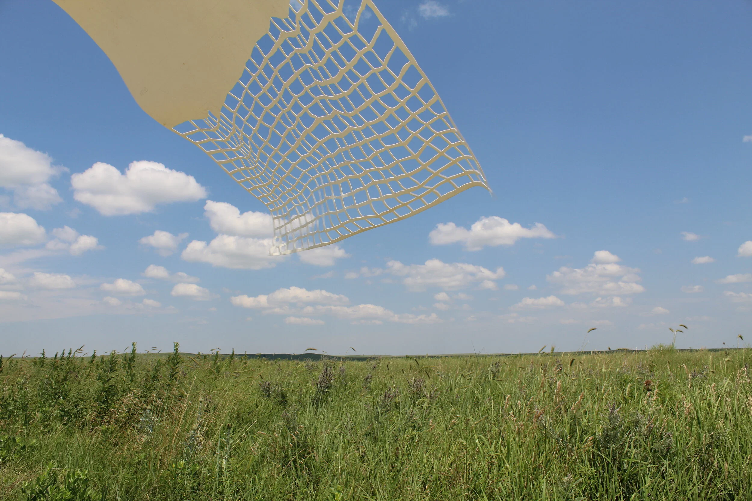 Grid Evasion Wind, Hand Cut Fabric, Dimensions Variable, 2021 Created in the Tallgrass Prairie Preserve in Kansas. 