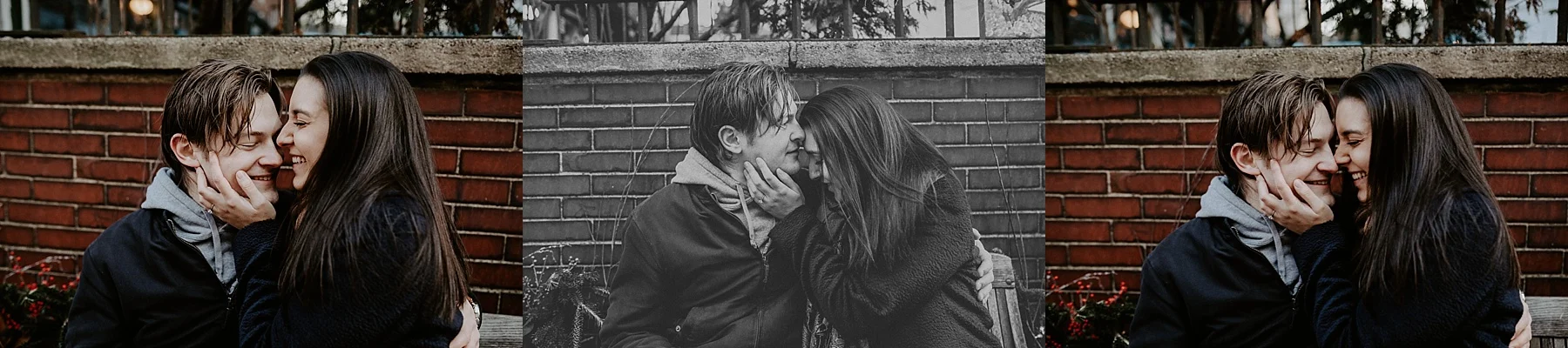 Couple kissing and cuddling sitting on a bench in Greenwich in New York City, New York