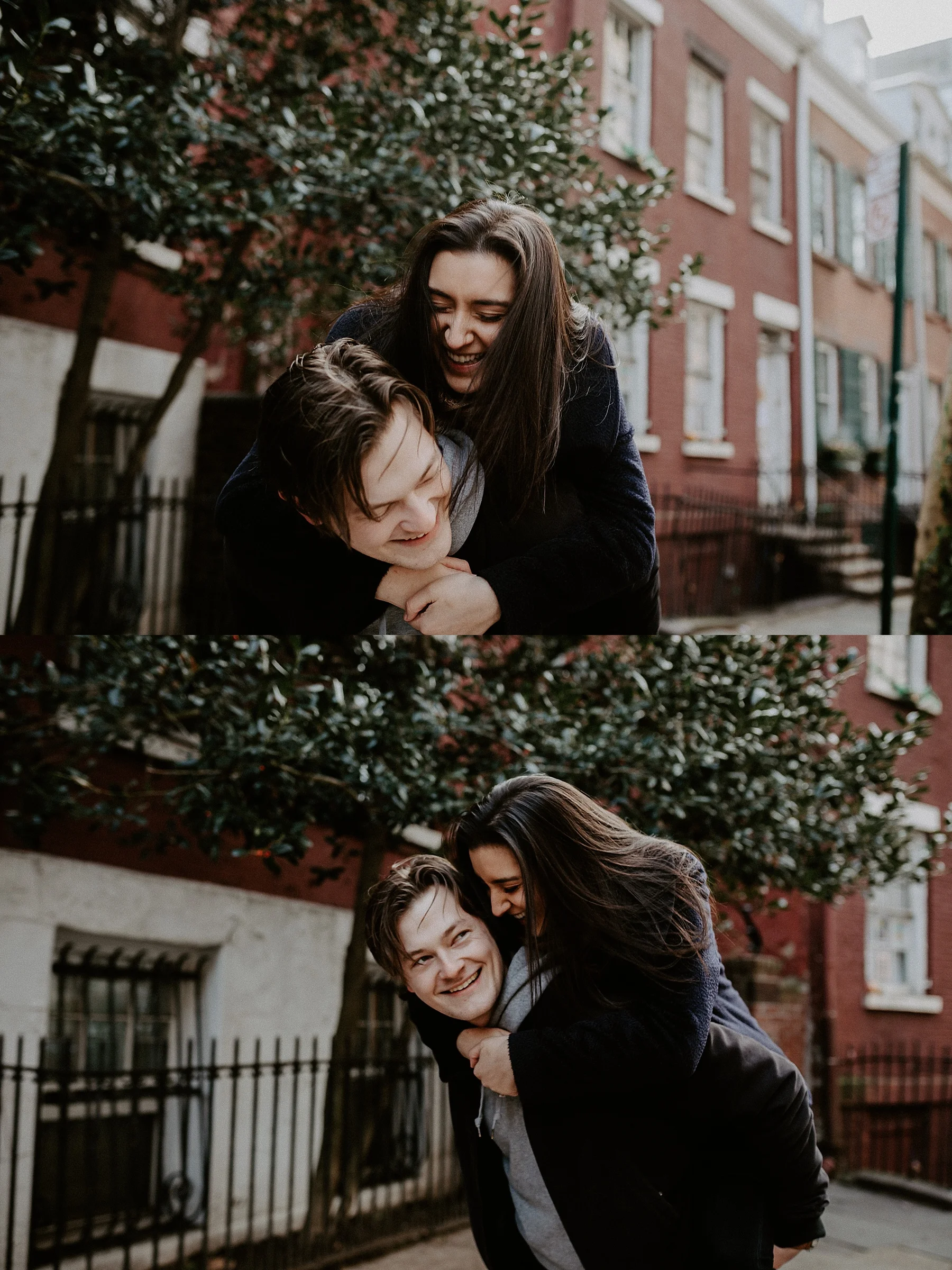 Couple laughing and spinning around in one another's arm on New York City sidewalks in Greenwich Village