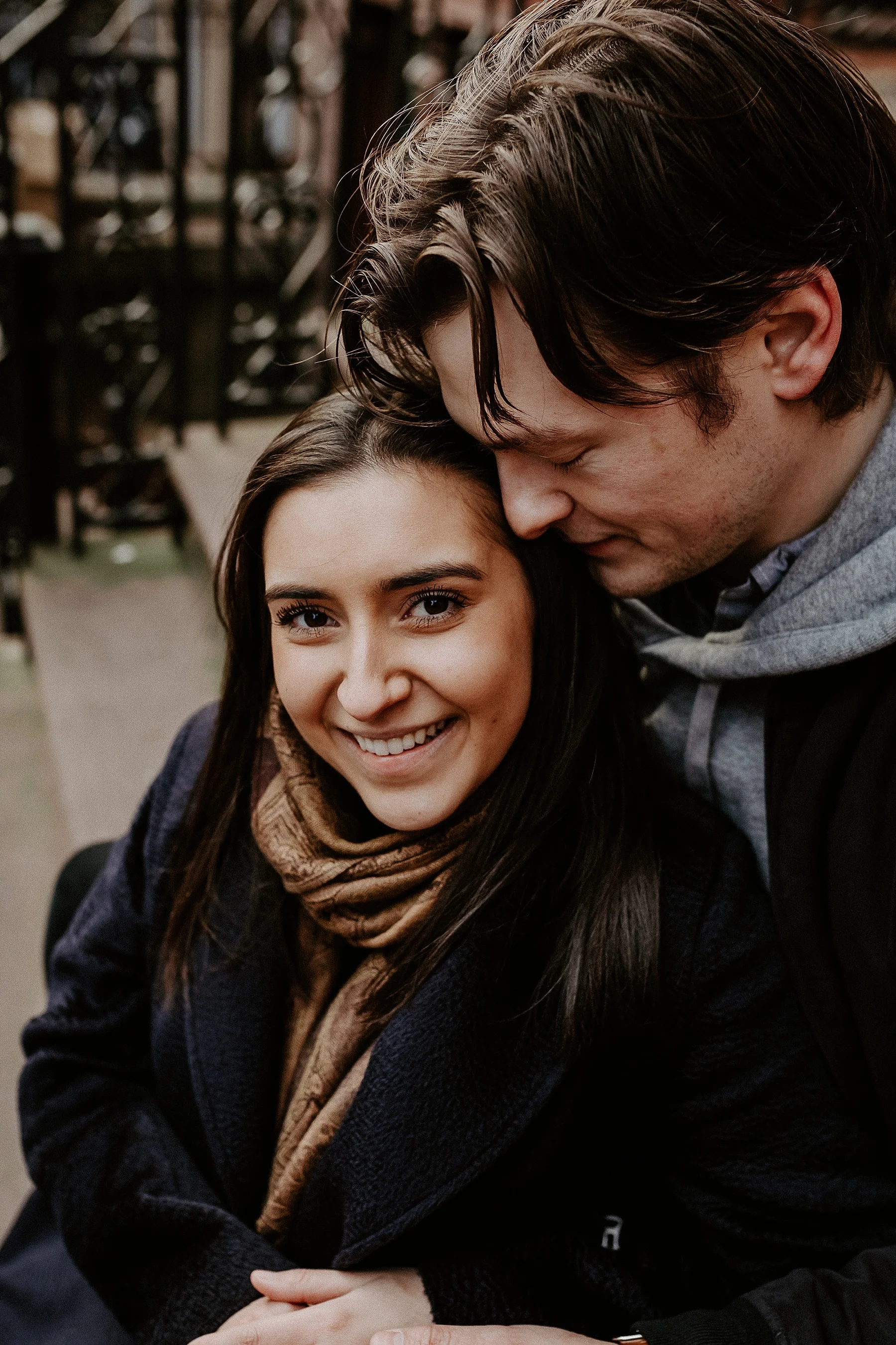 Engagement photos on New York City brownstone steps