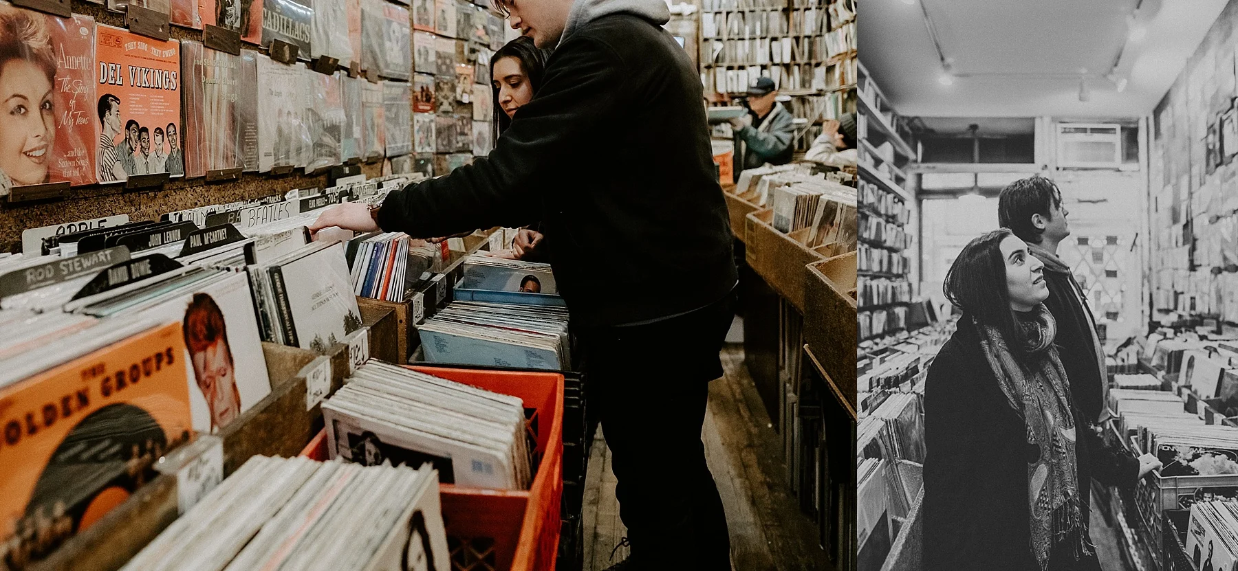 Couple hanging out in record store and shopping for vinyls during engagement session in Greenwich Village, New York City, New York