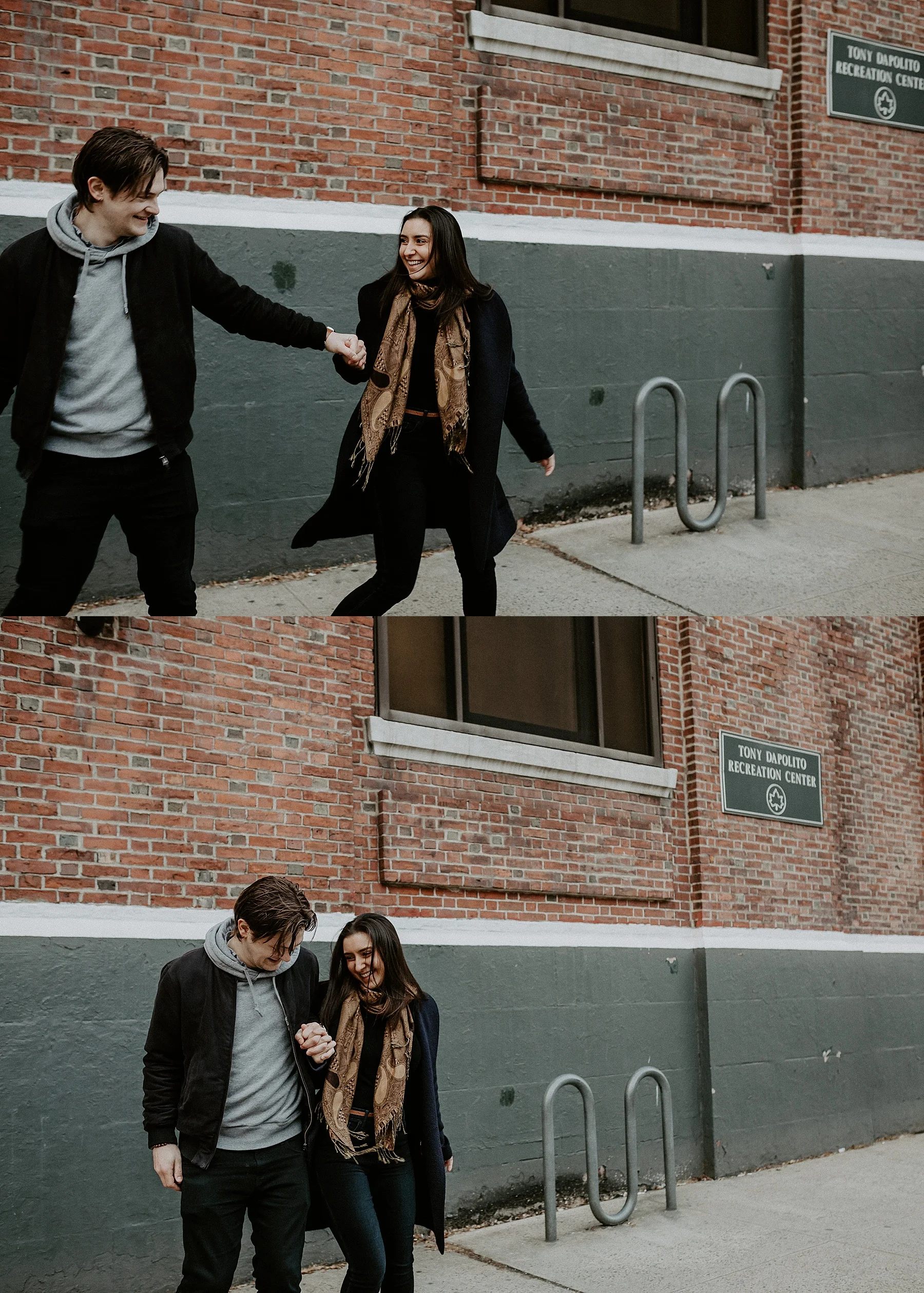 Couple having a sweet and fun moment bumping into one another during engagement session in New York City, New York