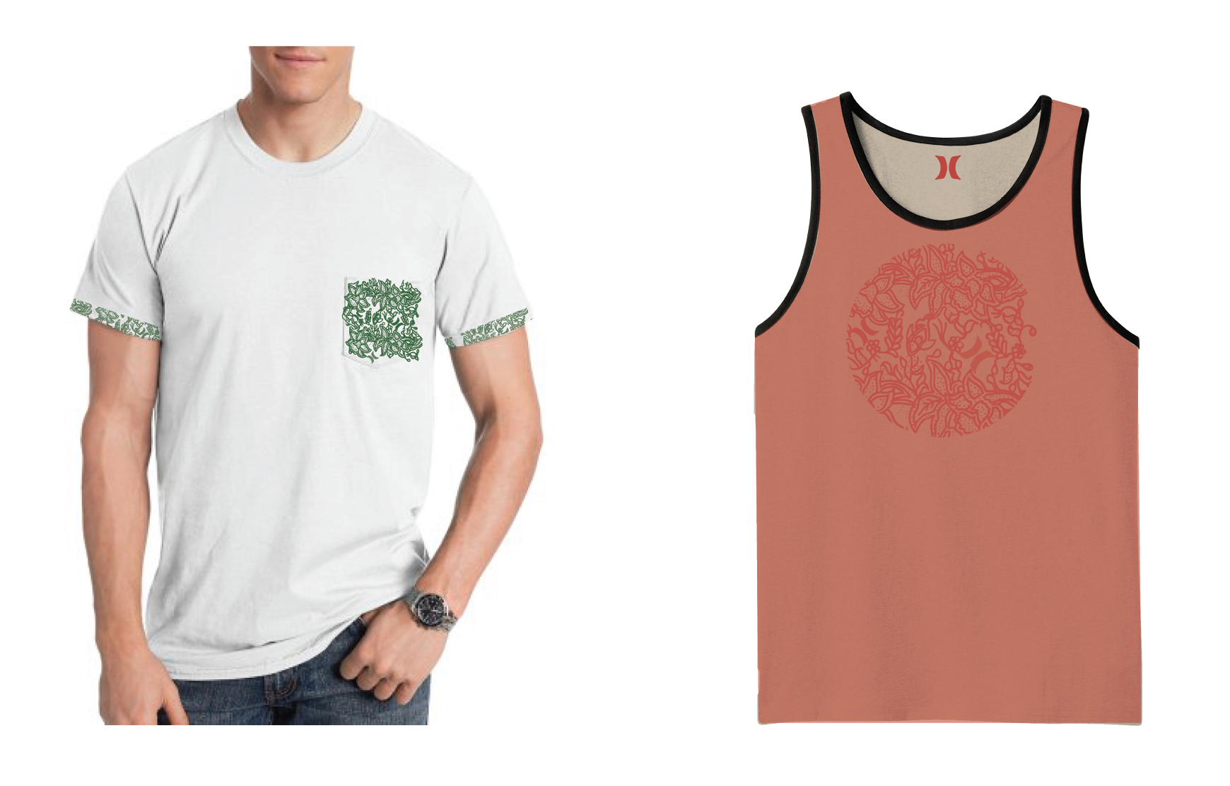 Two sleeveless shirts with matching green abstract circle designs. The shirt on the left is a white t-shirt with green trim on the sleeves and a small green design on the chest. The shirt on the right is a peach-colored tank top with black trim on th