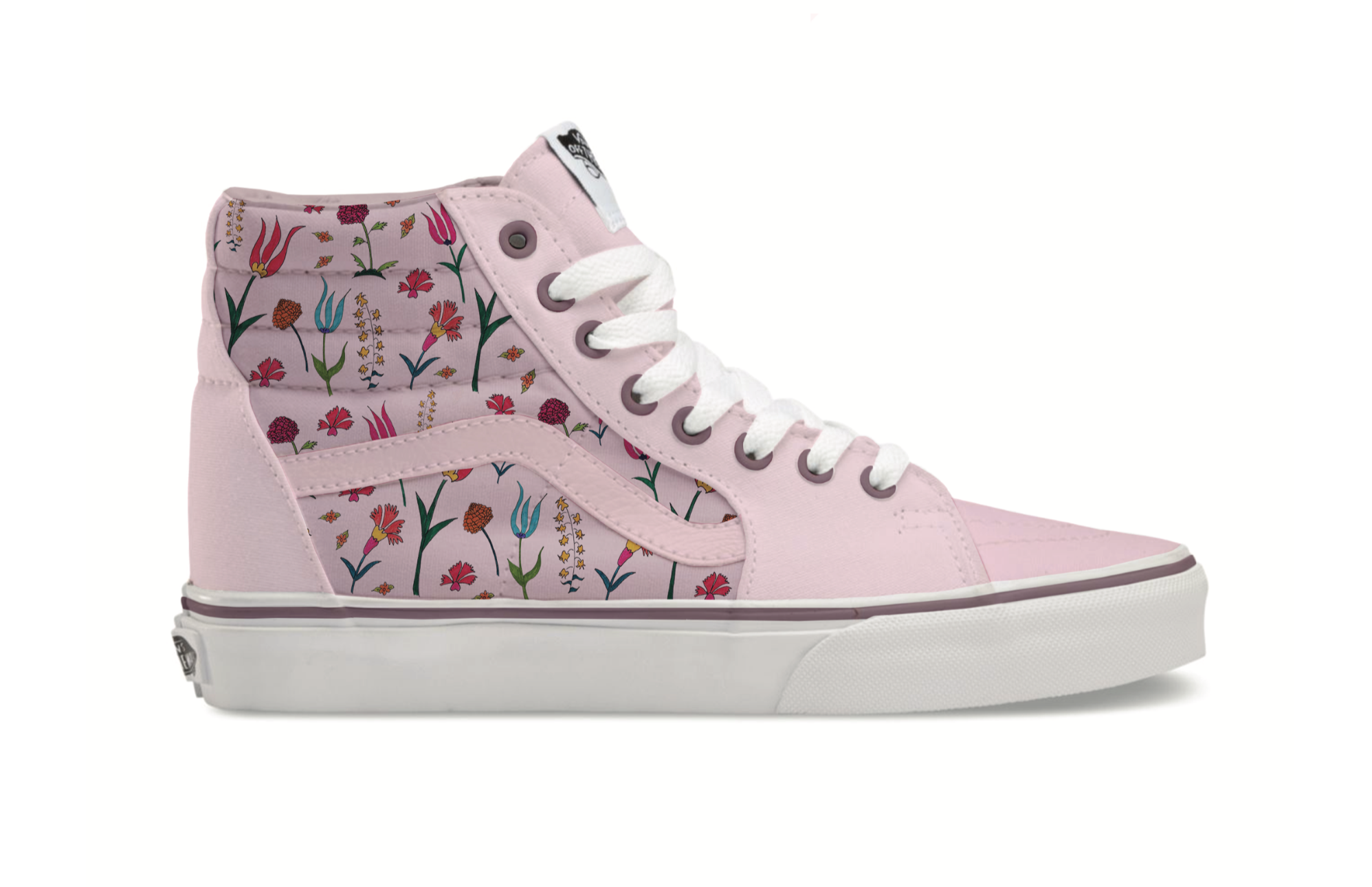 Pink high-top sneaker with floral pattern, white laces, and a white sole.