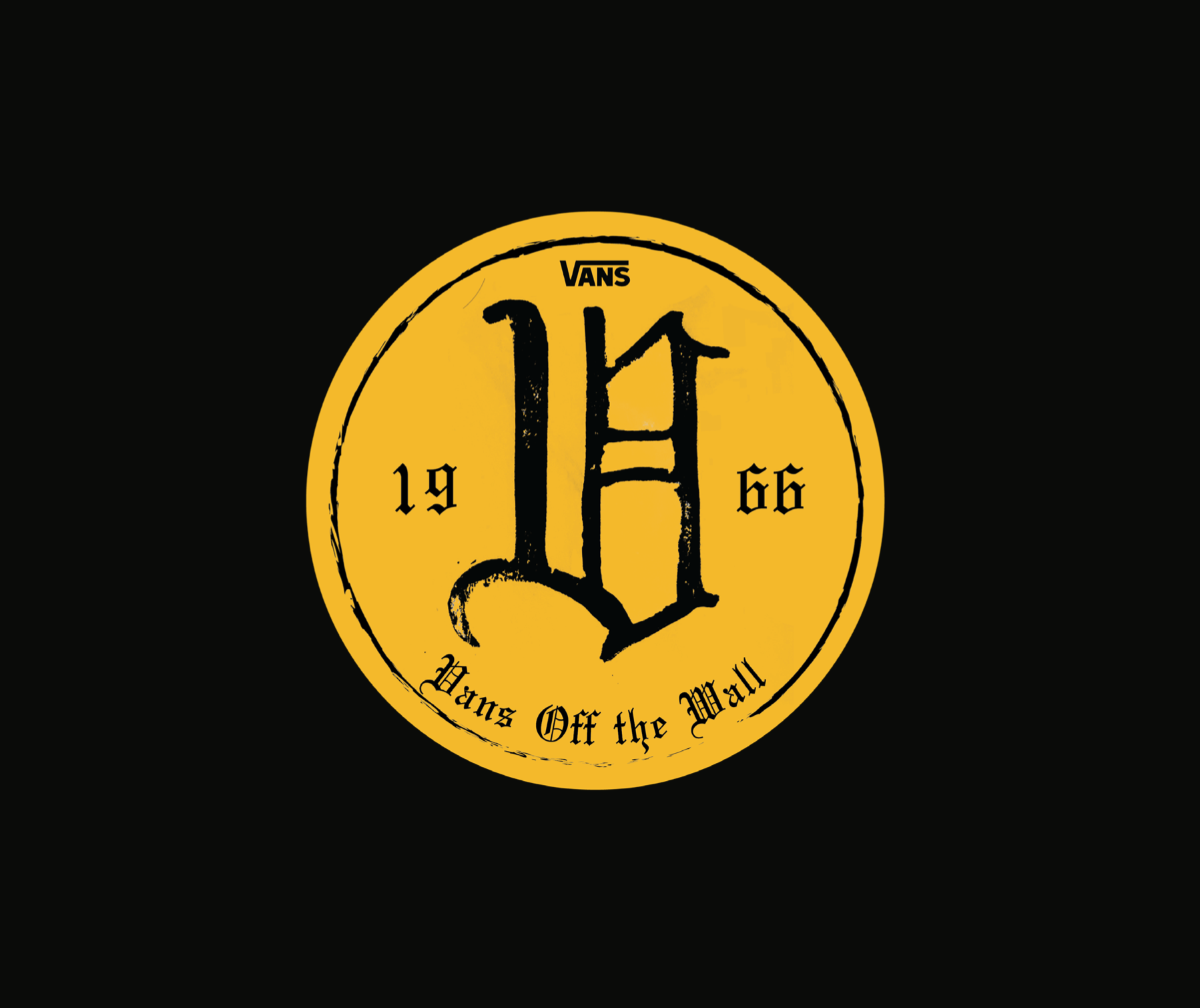 A yellow circular emblem with black text and design, featuring the words 'VANS', 'Hans Off the Wall', the year '1966', and stylized lettering in the center.