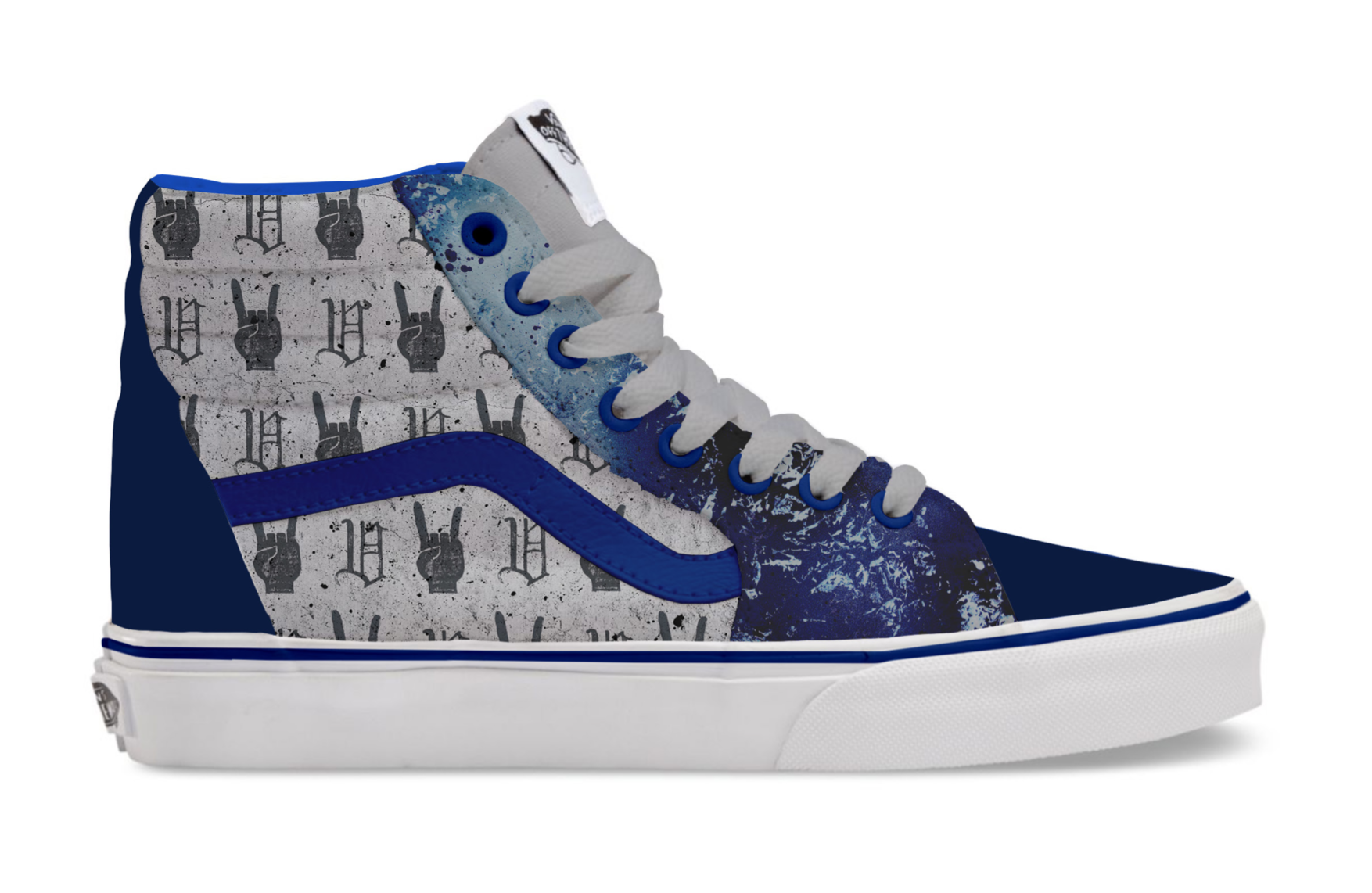 A high-top sneaker with a blue, white, and black design featuring graphic patterns and various textures.