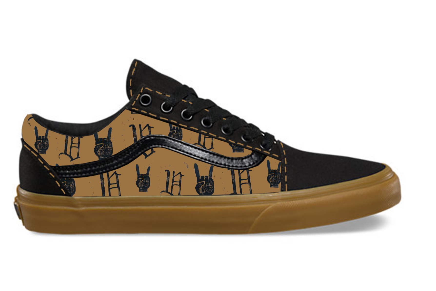 Black and brown sneakers with a pattern of black rock and roll hand signs on the brown parts, black fabric on the toe and tongue, and a tan rubber sole.