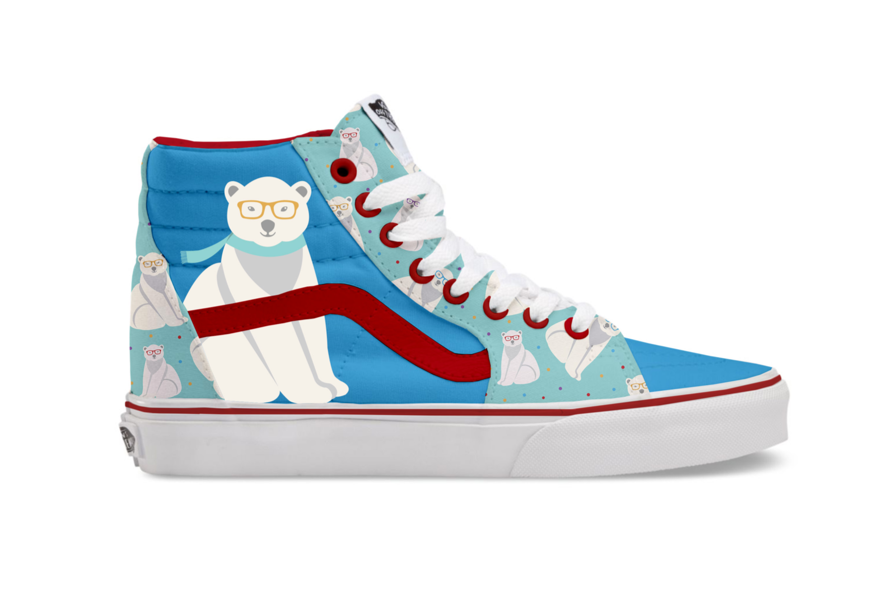 A blue high-top sneaker decorated with illustrations of polar bears wearing glasses and scarves, with red accents on the laces and a red stripe along the side.