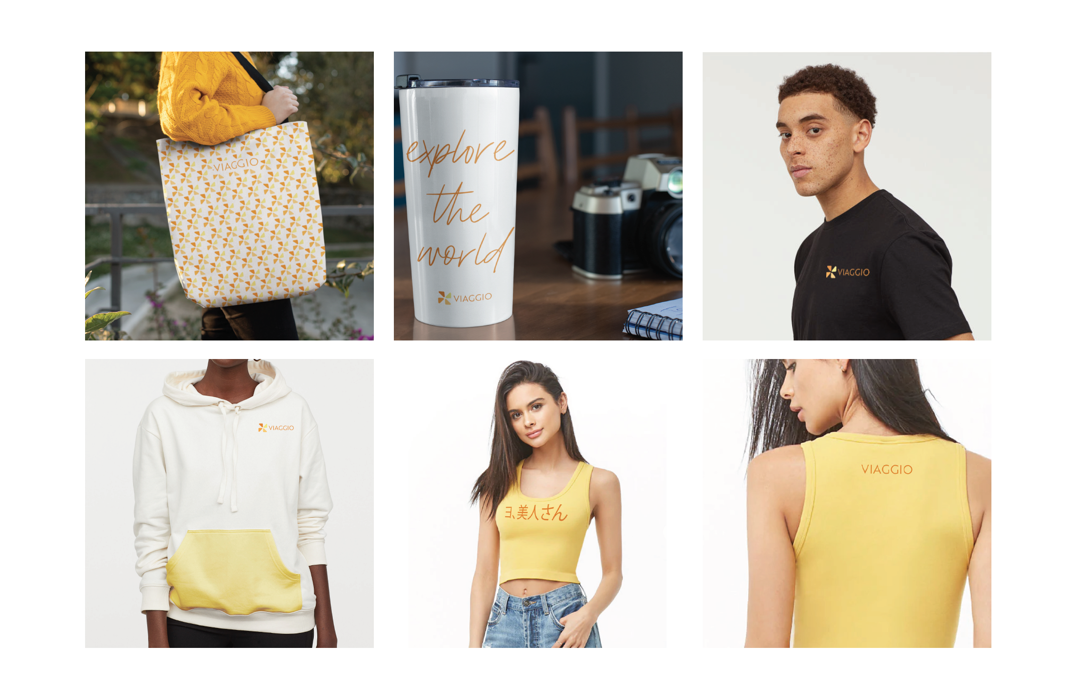 A collage of six images showcasing branded merchandise including tote bags, a travel mug, a camera, and models wearing branded hoodies and tank tops for Viaggio.