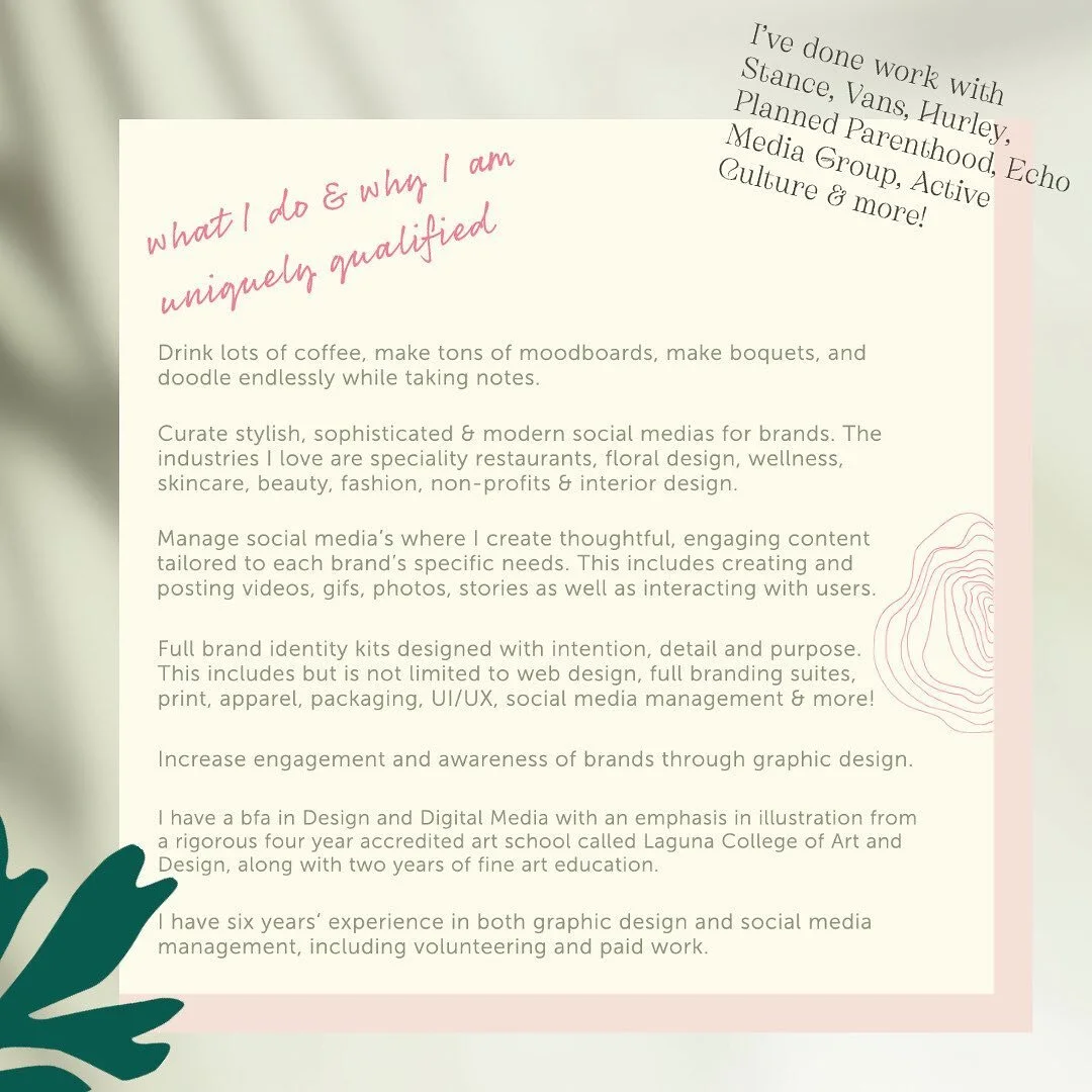 A lil about Emily DeMint Design and yes indeed I misspelled bouquet. 🌈💐🙋🏼&zwj;♀️ #branding #brandidentity #graphicdesign #ladiesgetpaid @ocbabeswhocreate @lcad_alumni_network #lcad #art #design #socialmediamarketing #brandingdesign #graphicart #g