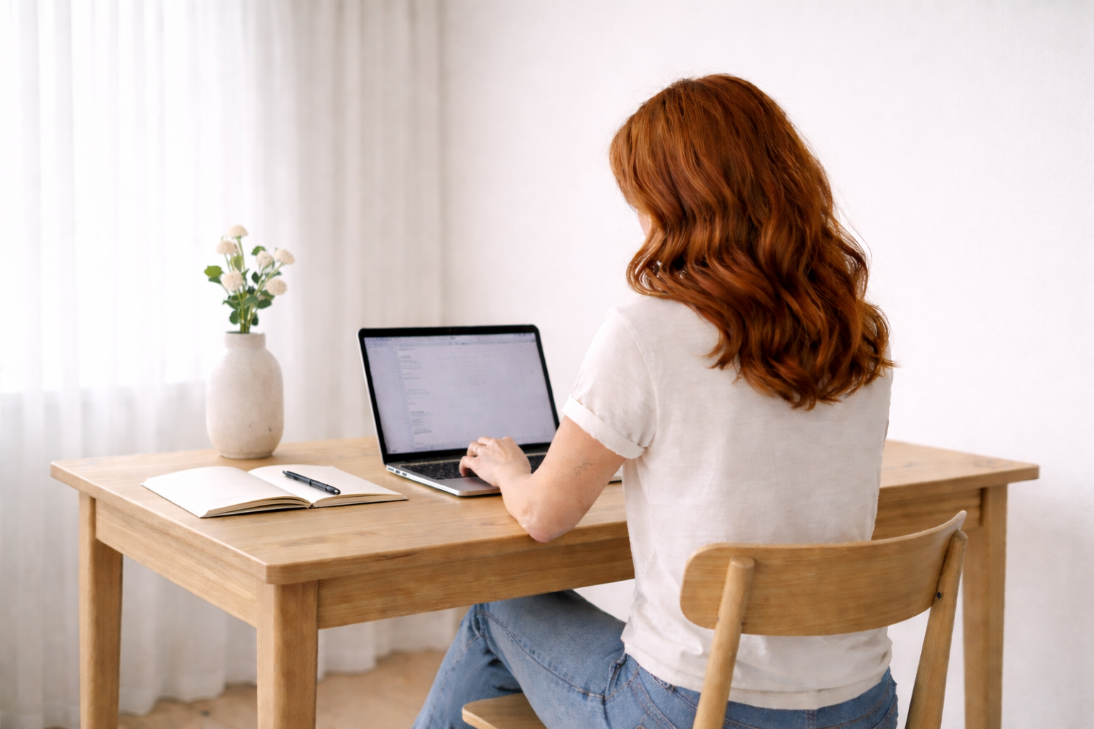 A woman with red hair working on a laptop at a wooden desk in a bright room with white walls and curtains, a notebook and pen on the desk, and a vase with flowers.
